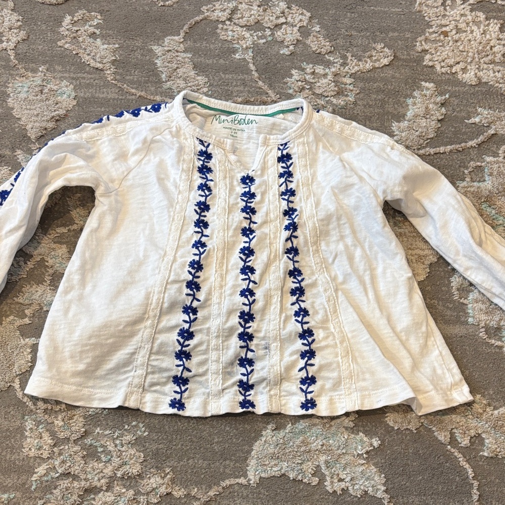 Mini Boden Kids Top with Blue Embroidery